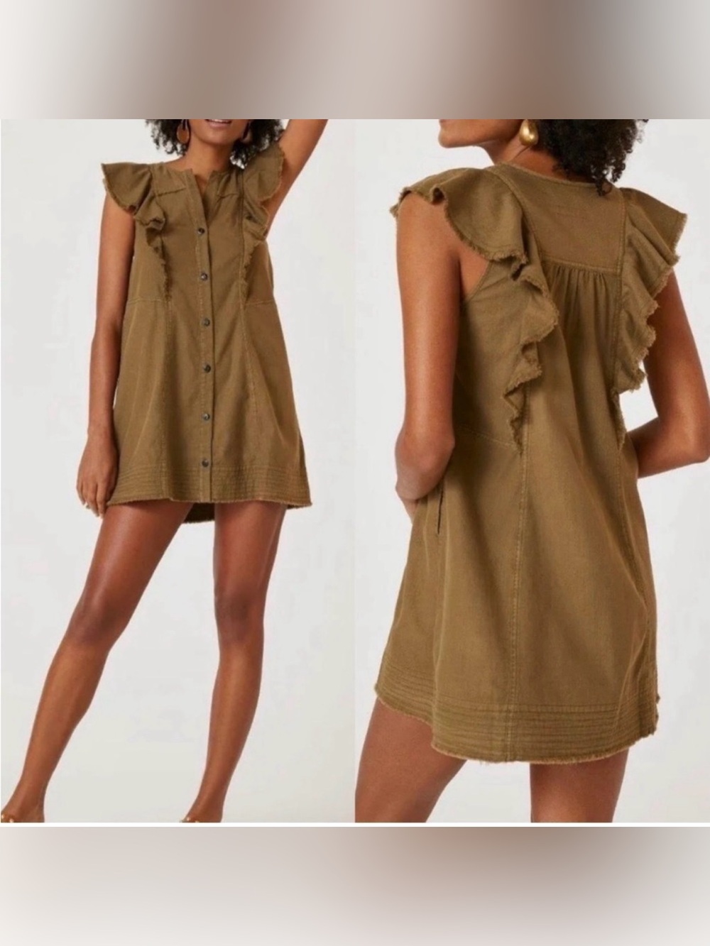 Anthropologie Pilcro Ruffle Sleeve Button Front Cotton Dress XL Moss NWT